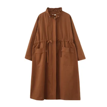 

EWQ 2020 new spring turn-down collar batwing sleeves single breasted drawstring pocket big size long windbreaker WK50916L