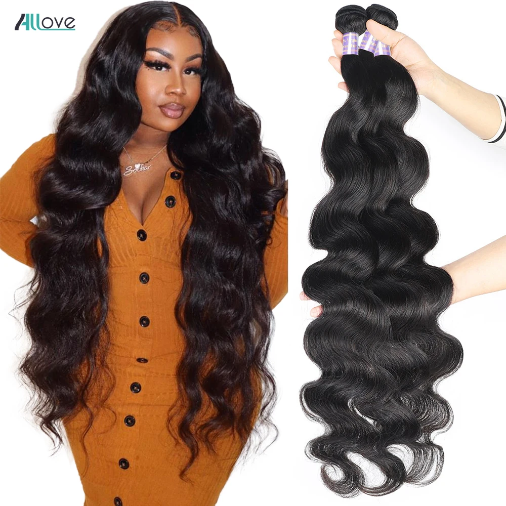 Descuento Allove onda del cuerpo mechones extensiones de cabello humano mechones 30 cabello virgen pulgadas mechones brasileño extensiones de pelo ondulado mechones de extensiones de cabello humano barato Eq1Welwe
