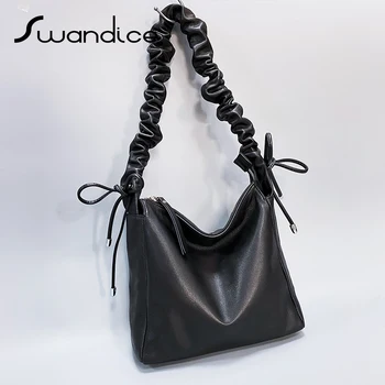 

Real Genuine Leather Drawstring Ruched Wrinkle Fold Drape Baguette Crossbody Messenger Shoulder Bags Women Female Soft Handbags
