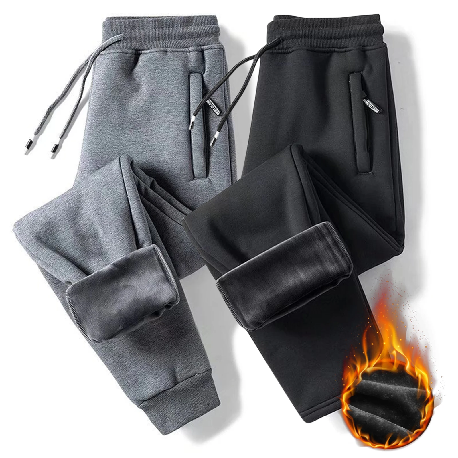 Winter Pants Men Fur Lined Joggers Men Thick Sweatpants Drawstring