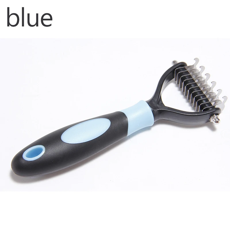 blue Удаление волос гребень для профессиональной стрижки собак, котов Dematting Deshedding кисть инструмент для клубок, скользящая по меховая опушка вьющиеся ПЭТ длинные волосы - Цвет: blue