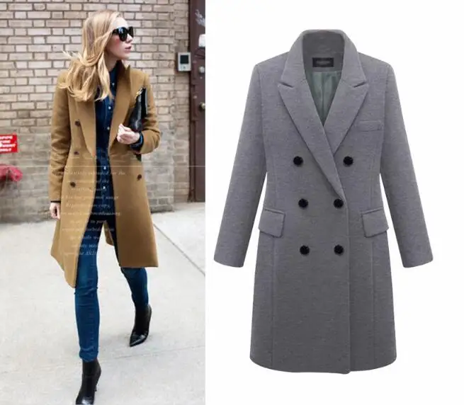 Женское шерстяное пальто, двубортное пальто с лацканами размера плюс, модное свободное зимнее теплое шерстяное пальто с длинным рукавом ouc314