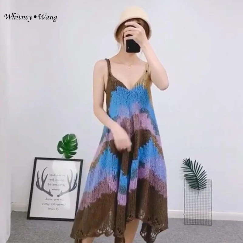 Уличная мода WHITNEY WANG, Контрастное трикотажное платье на бретельках, женское Повседневное платье