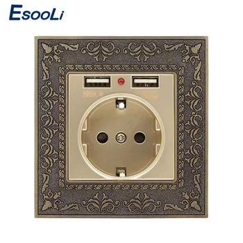 

Esooli EU Standard Power Wall Socket With Dual USB 2.1A Zinc Alloy High End Retro Panel 16A Gold Charging Port Embossed Panel