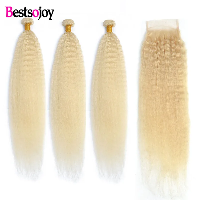 

Bestsojoy 613 Blonde Kinky Straight Hair With Lace Closure Brazilian Human Hair 3 / 4 Bundles With Closure Remy Hair Extension