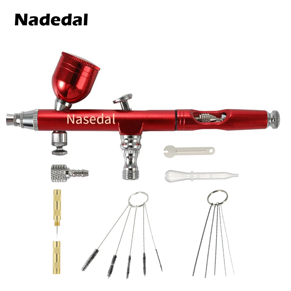 battery operated nail gun Airbrush Dual Action Gravity Feed 0.3mm Nozzle Spray Gun Red/Gold Cake Decorating Brushes For Nail Manicure With Wrench Straw battery spray gun