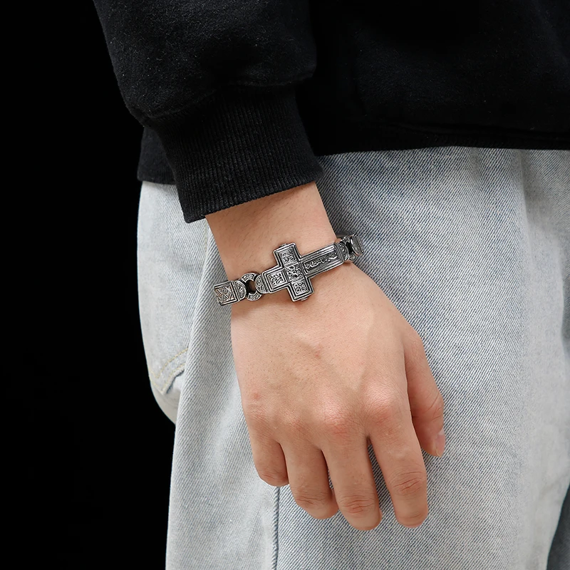 Fongten Cross Charms Bangle For Men Stainless Steel Heavy Mens Bangle Bracelets Male Retro Rune Silver Color Jewelry Armband