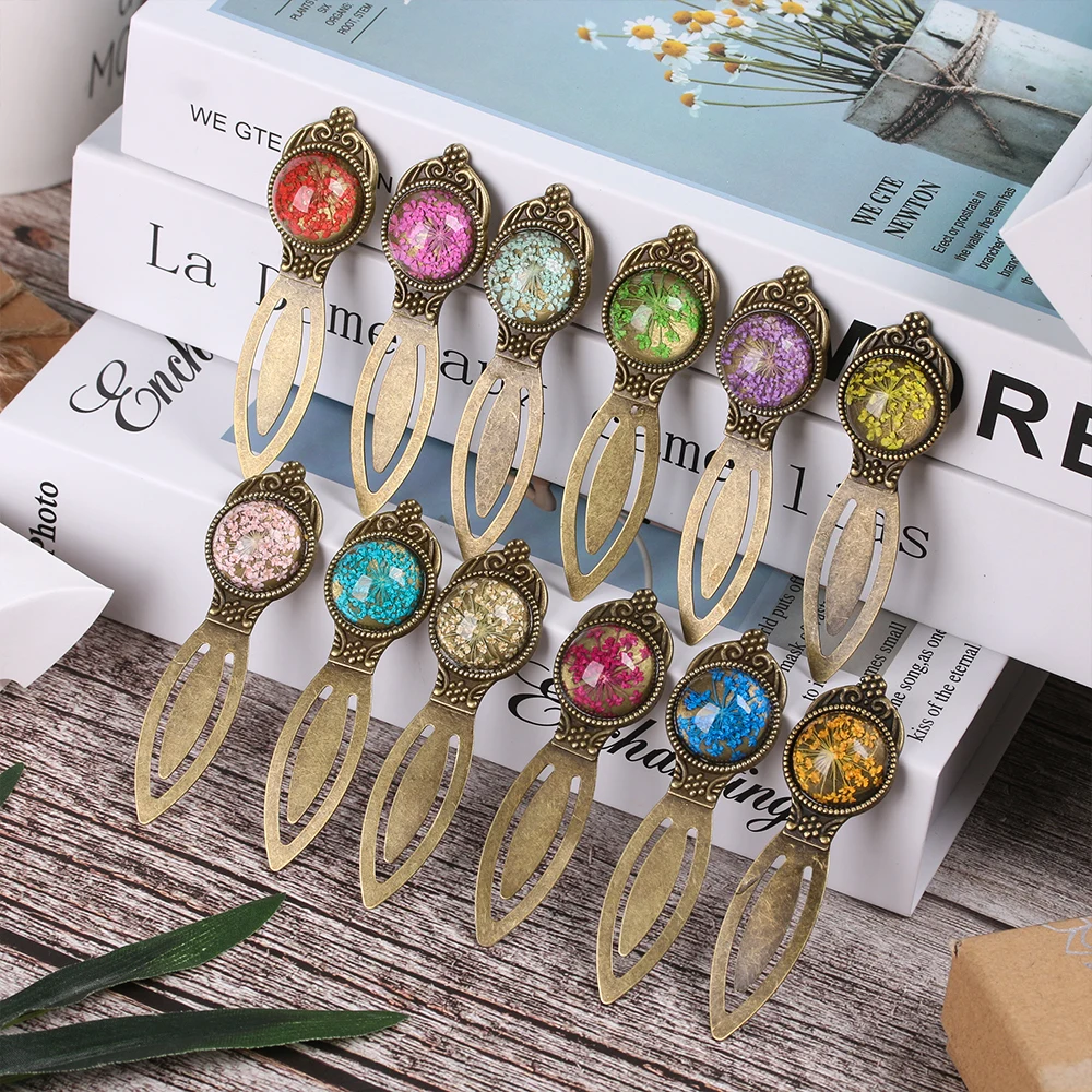 1PC Retro Metal Bookmark Ruler Colorful Dried Flower Silver Metal Ruler Flower Bookmarks Book Page Marker School Office Supplies