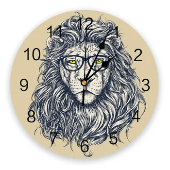 

Circular Wall Clock Animal Lion Facial Glasses Wall Clock Home Decor Bedroom Silent Oclock Watch Wall for Living Room