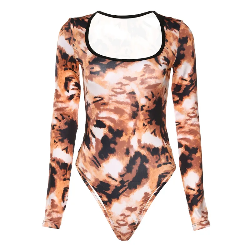 Сексуальный боди с принтом Tie Dye, женская одежда, модные Клубные облегающие костюмы с длинным рукавом, весна - Цвет: Хаки