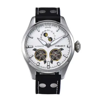 

Corgeut 47mm white big dial luminous hands flywheel display moon phase function automatic self-winding movement men's watch