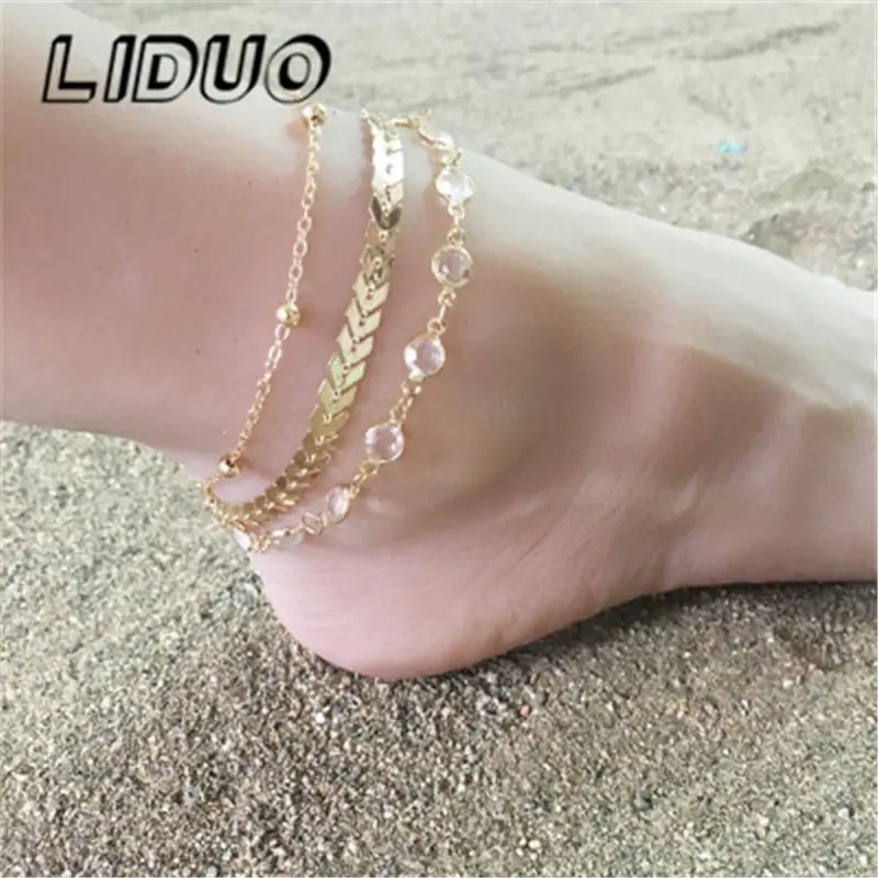 LIDUO, простой набор ножных браслетов с кристаллами и блестками для женщин, пляжные ювелирные изделия для ног, винтажные массивные ножные браслеты в богемном стиле, вечерние летние ювелирные изделия