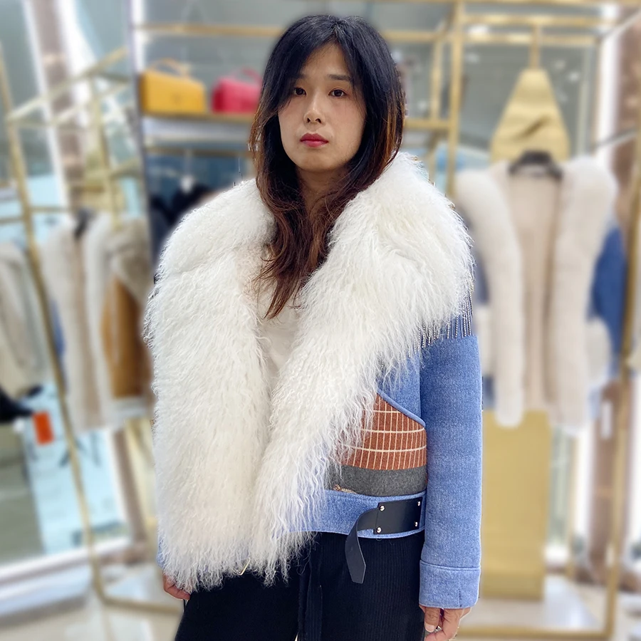 Real Sheepskin Fur Coat Women Denim 