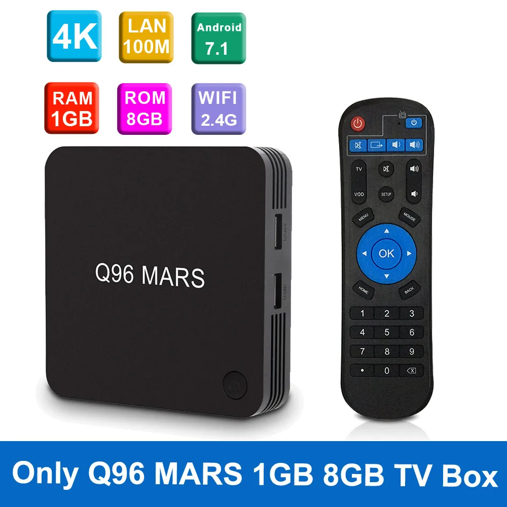 Only TV Box Q96 MARS Android 7,1 Smart tv Box 1 ГБ/8 ГБ Amlogic S905W четырехъядерный комплект верхней коробки 4K VP9 H.265 2,4G WiFi 100M LAN HD медиаплеер - Цвет: Only TV Box