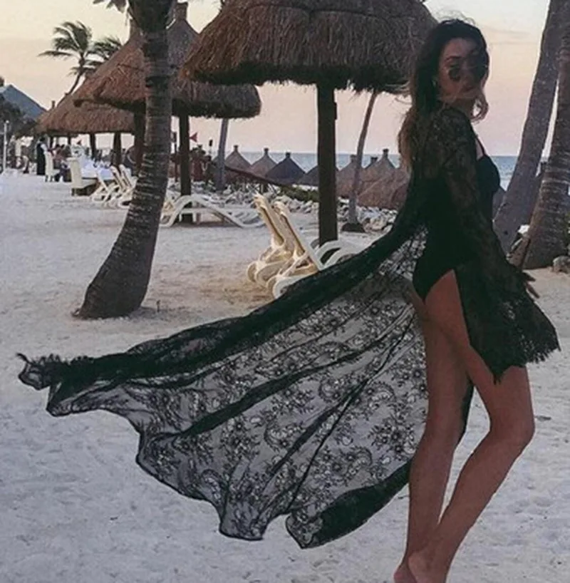 Женский кружевной полый вязаный купальник бикини с длинными рукавами накидка для пляжа платье саронг кафтан