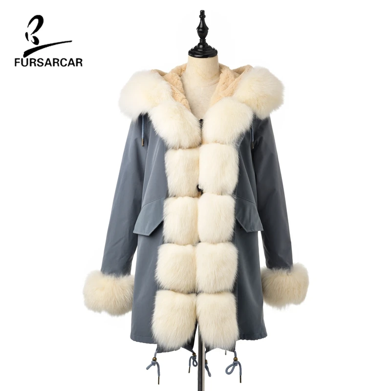 

FURSARCAR 2019 New High Quality Women Winter Jackets And Coats With Real Rabbit Fur Lining And Fox Collar Female Hoodie Parkas