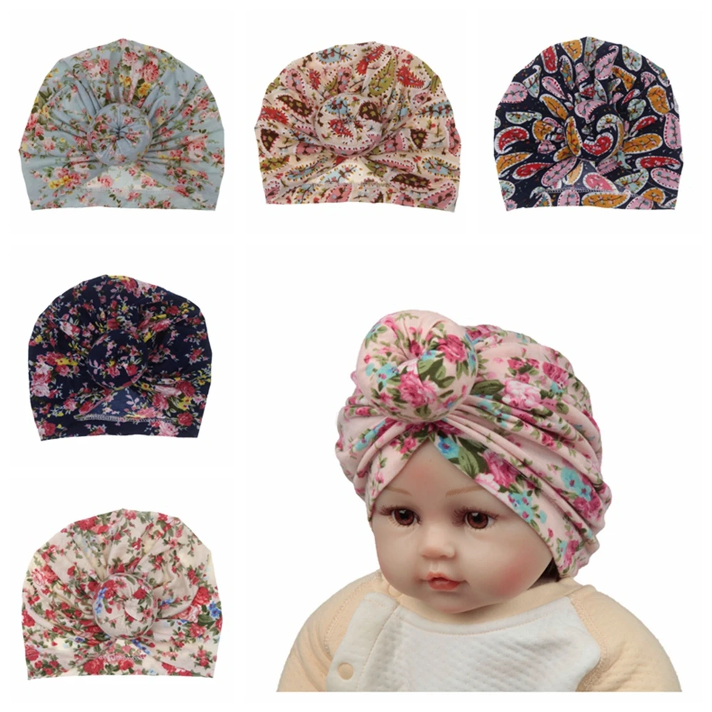

2019 Newborn Flowers Pattern Kids Baby Boy Girl Cotton Beanie Hat Turban Winter Flower Donut Hats Soft Caps accessories