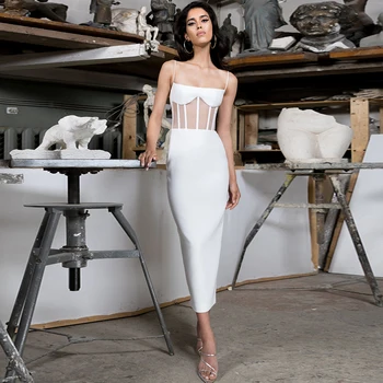 

Ocstrade White Bandage Dress 2020 Summer Midi Bandage Dress Bodycon Club Evening Party Dress