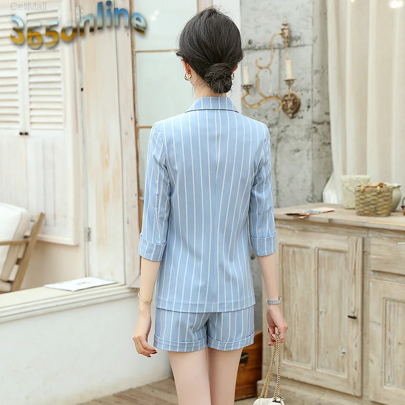 

Novelty Two Piece Set with Shorts and Jackets Coat Half Sleeve 2020 Spring Summer Professional Blazers OL Styles Striped