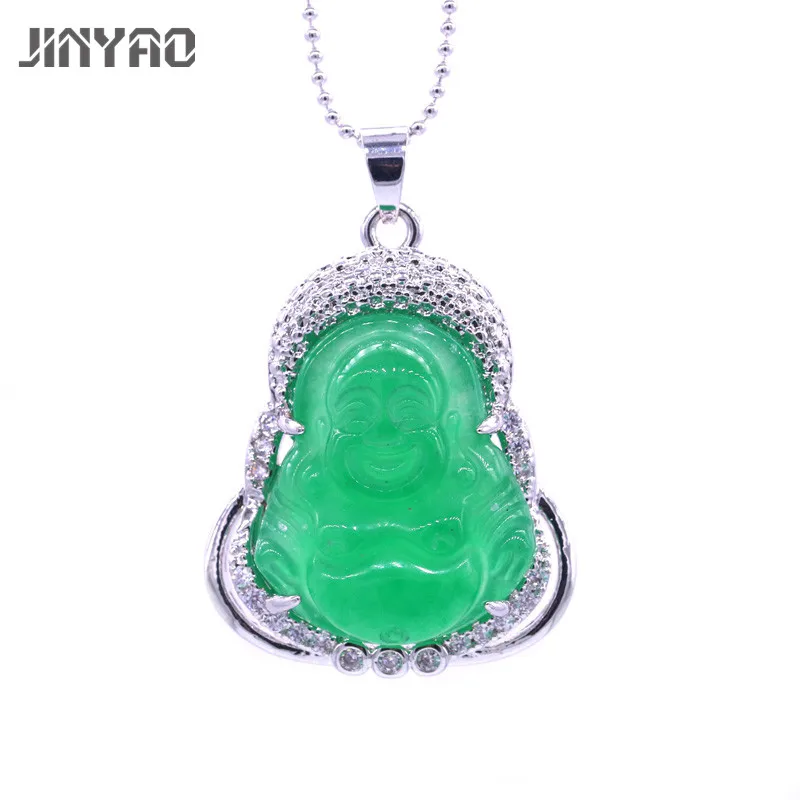 JINYAO модное ожерелье с подвеской кулон улыбающееся лицо Будда зеленый камень
