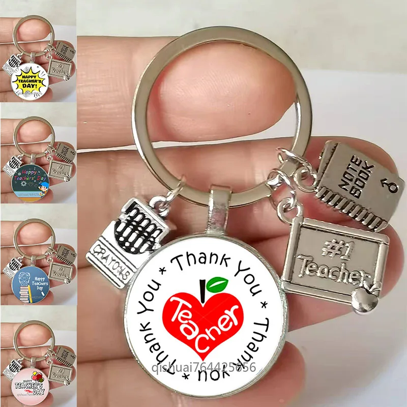 

2022 Zinc Alloy Retro Fashion New Dear Teacher Round Glass Keychain Handmade Diy Book Decoration Pendant Jewelry Keychain Teache