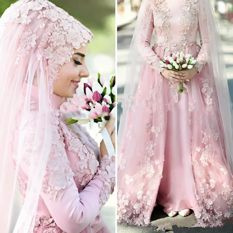 pearl-pink-muslim-wedding-dresses-2019-high-neck-a-line-high-neck-long-sleeves-3d-floral-lace-dubai-arabic-kaftan-hijab-bridal-dress_副本