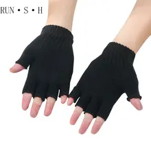 Перчатки из чистого черного трикотажного материала, осенне-зимние перчатки с открытыми пальцами, сохраняющие тепло, мужские и женские перчатки без пальцев