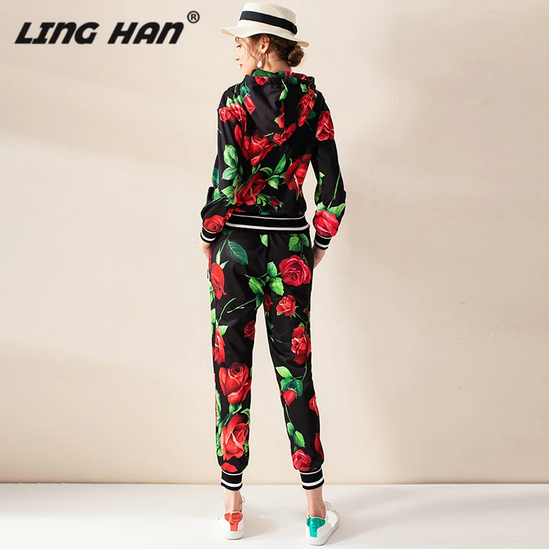 LINGHAN модный принт наборы для женщин досуг куртка с капюшоном+ Высокая талия на шнуровке движения брюки дизайнер осень зима