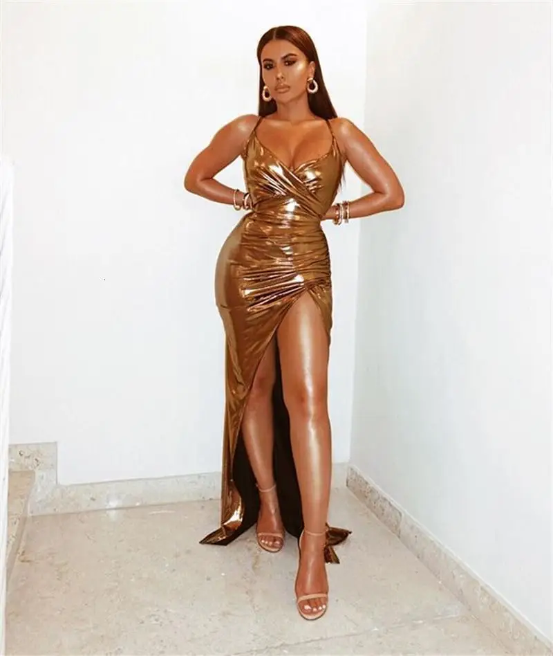 Gold metallic ruched back extreme split maxi dress.jpg