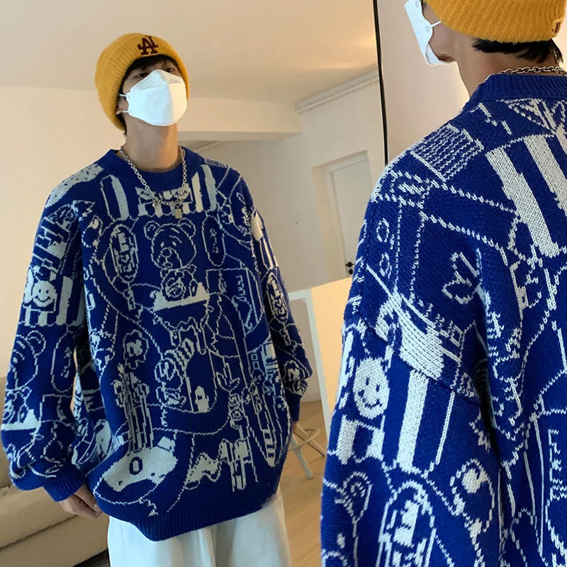 

2021 Winter Men's Round Neck Knitted Long Sleeve Coats Cartoon Printing Wool Sweaters Homme Round Neck Pullover 3 Color Knit