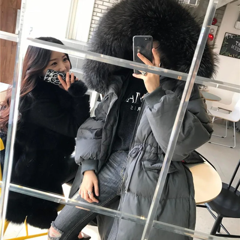 Женский пуховик Dongdaemun в Корейском стиле средней длины с большим меховым воротником и завязками на талии, большой размер