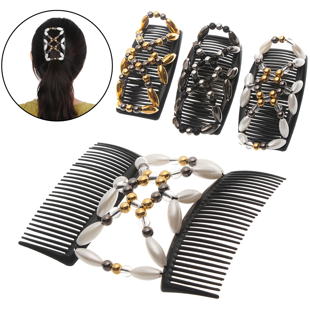 

1PC Women Elastic Hairpin Stretch Double Magic Hair Comb Beaded Hair Clip Bun Maker DIY Styling Tool For Sell