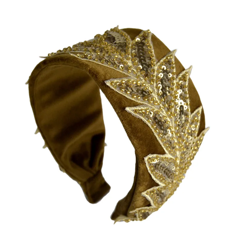 DUOJIAOYAN модный бисерный Блестящий широкий ободок для волос с листочками Блестящий головной убор золотого цвета зимняя замшевая бархатная повязка на голову для женщин - Цвет: BF511