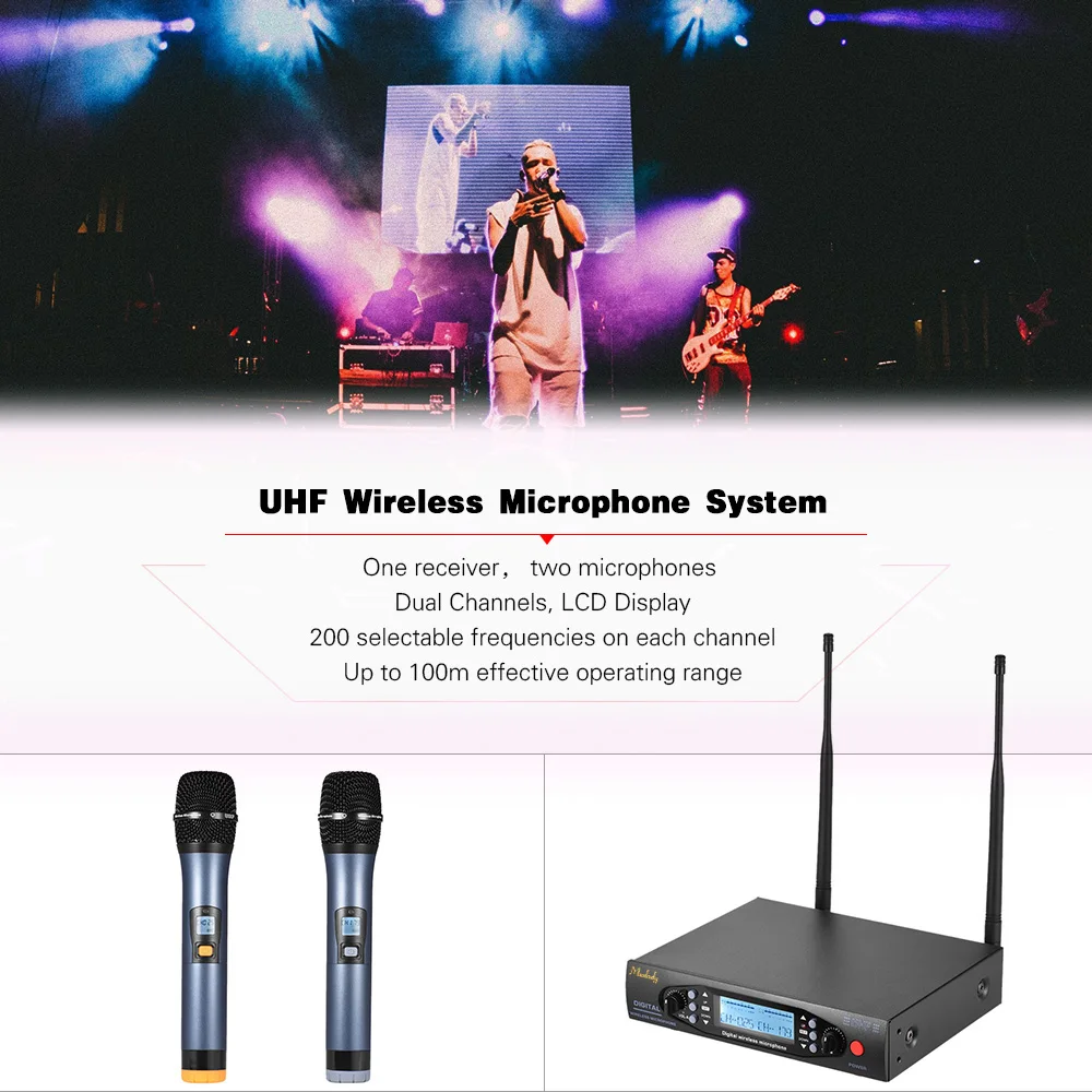 Muslady U-80 Professional Digital UHF Wireless Handheld Microphone Mic System Dual Channels LCD Display Receiver 2 Microphones