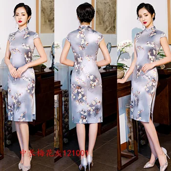 

Sexy Printed Flower Young Lady Satin Mandarin Collar Short Sleeve Gown Vintage Qipao Vestidos Oversize 4XL