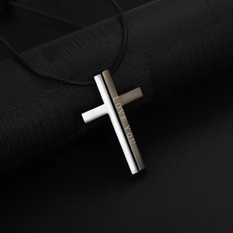 Jiayiqi Unique Cross Couple Necklace Love YOU Pendant Necklace Stainless Steel Men Women Trendy Jewelry Valentine Day Party Gift