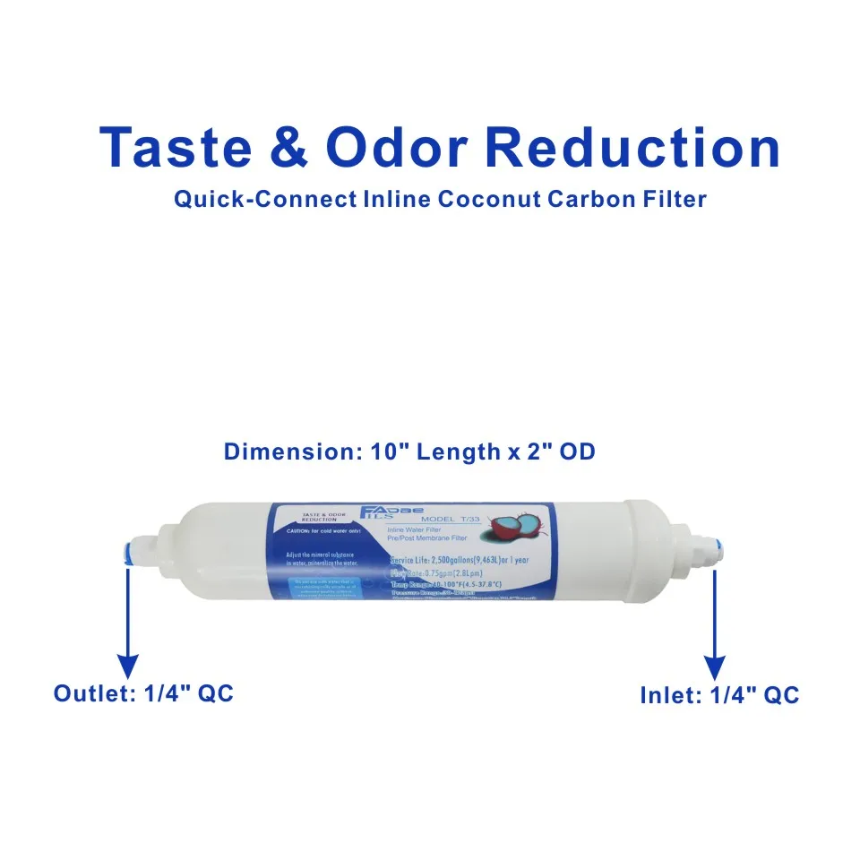 Hydronix ICF-6 Inline RO Post-Fridge Water Filter – Coconut Shell GAC, 1000 Gallon Capacity, 1/4" NPT Ports