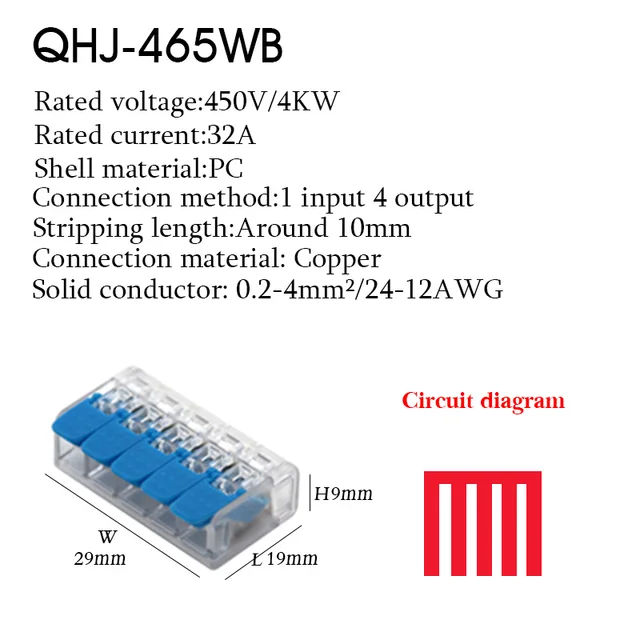 Cable Wire Connectors Mini Quick Terminal Block Universal Compact Wiring Electrical Connector Push-in For 4mm2 6mm2 Transparent 465WB