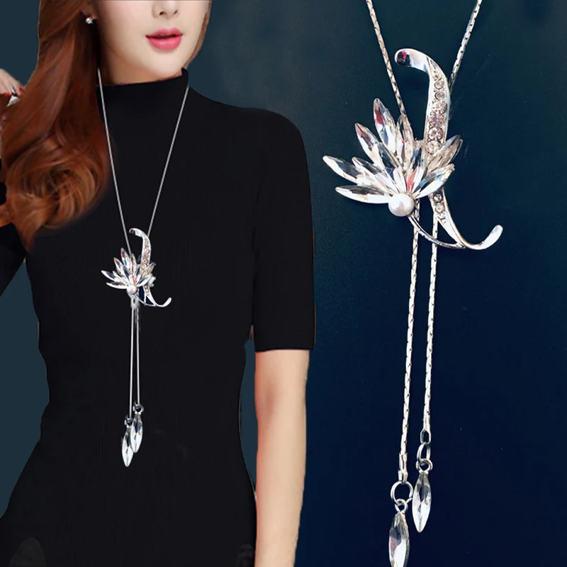 Длинное ожерелье из циркона в виде снежинки для женщин, модное серебряное длинное ожерелье с кристаллами и подвесками, Массивное колье, ювелирное изделие - Окраска металла: 3