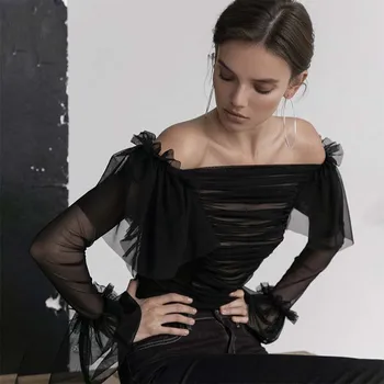 

Meyoung Crop Top White T Shirt Women Shirt Ruched Long Sleeve Shirt Women Mesh Sexy Tee Femme Streetwear Gothic Autumn Mujer