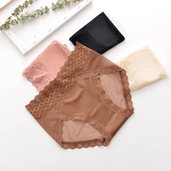 

High Quality Silk Elegant Retro High Waist Women Underwear Lace Satin Lingerie Sexy Temptation Less Women's Transparent Panties