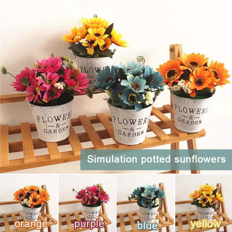 Fashion Beautiful Wedding Sunflower Home Decor School Office Artificial Plant Iron Bucket Ornament Shop Gardening Balcony