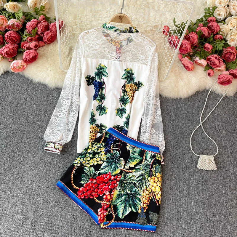 Spring Summer Runway Two Piece Set For Women Designers Fruit Print Lace Shirt And Shorts Suit Party Beach Female Suits Outfit matching workout sets