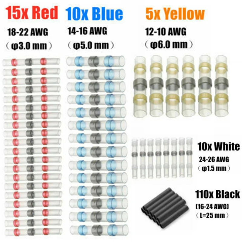 150pcs/set Waterproof Solder Heat Shrink Sleeve Wire Butt Terminals Soldering Connectors Electrical Wire Soldered Terminals
