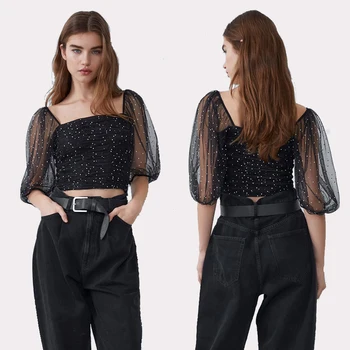 

2020 ZA Transparent Mesh Shirt Early Spring New Square Collar Section Puff Sleeve Short Shirt British Wild Chiffon Sleeve Top