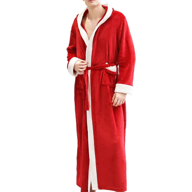 Новинка, мужские Зимние халаты с капюшоном, фланелевый теплый длинный банный халат, мужской комфортный длинный плюшевый халат, домашний халат - Цвет: Красный