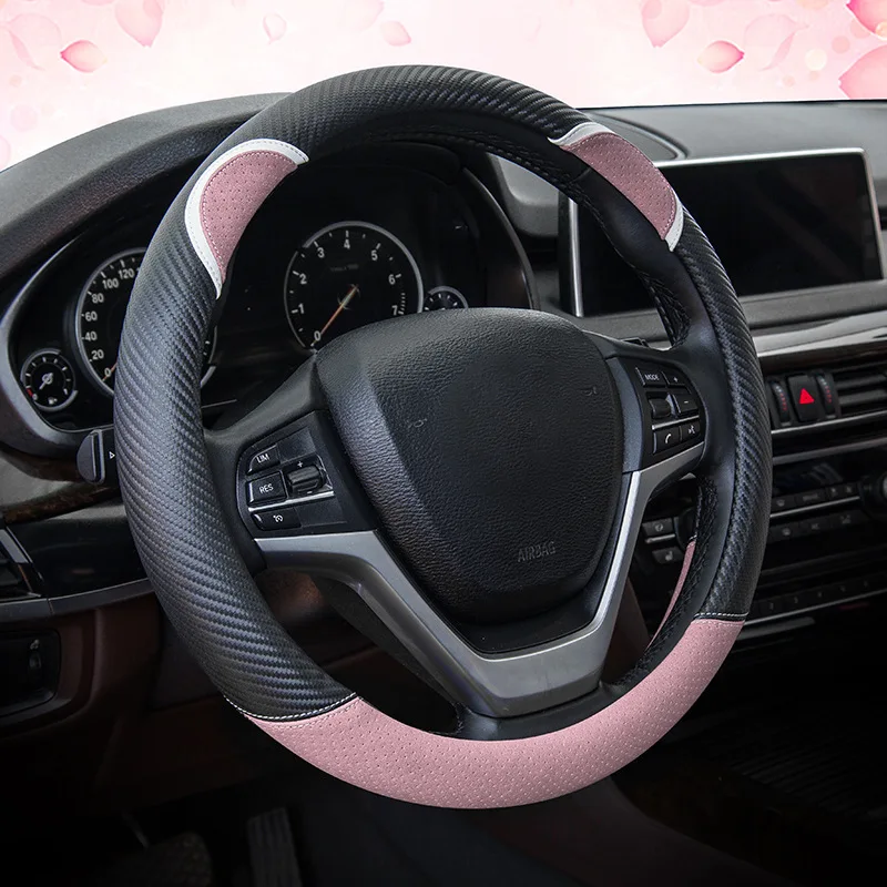

Cartoon Car Steering Wheel Cover Carbon Fiber Stitching Leather handlebar set cute rabbit female models Universal M 37/38 cm New
