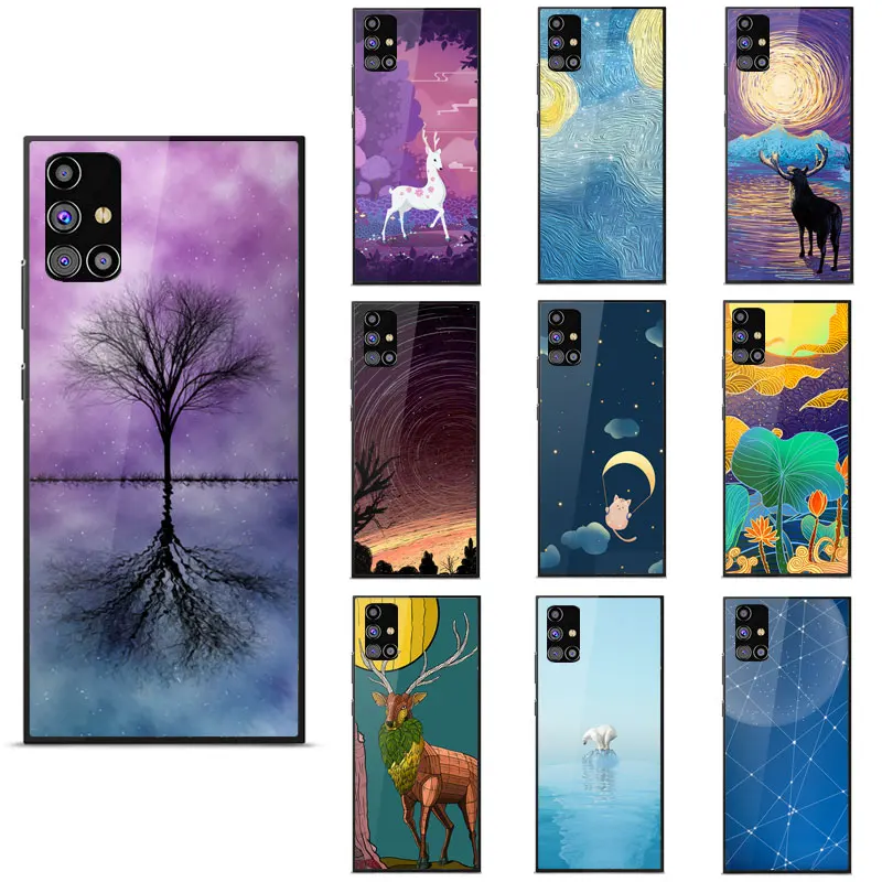 

For Samsung M11 M31 Note 20 Ultra M30S A90 M31S S20 Lite Case TPU Frame Painted pattern Tempered glass shockproof Back Cover