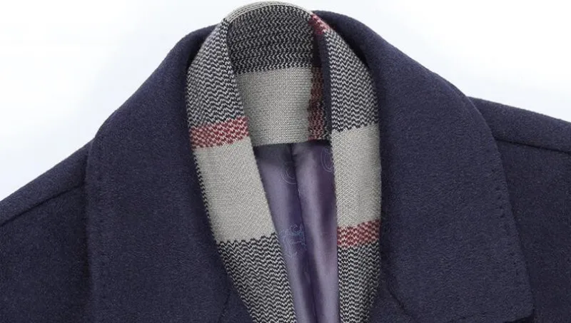 Smart casual осень зима средней длины шарф воротник мужские шерстяные пальто с длинным рукавом однобортный флисовая подкладка толстые пальто