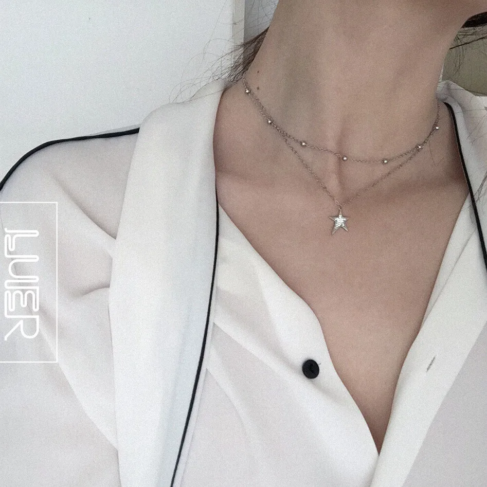 

925 Sterling Double Layer Multilayer round Beads Diamond Set Star Partial Fine Delicacy Necklace Choker